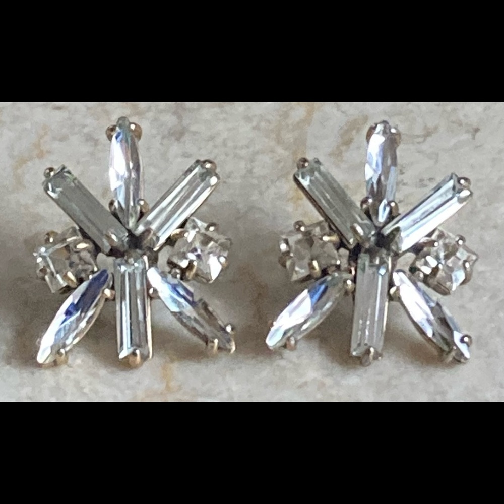 J. CREW Signed Crystal Baguette Cluster Stud Earrings